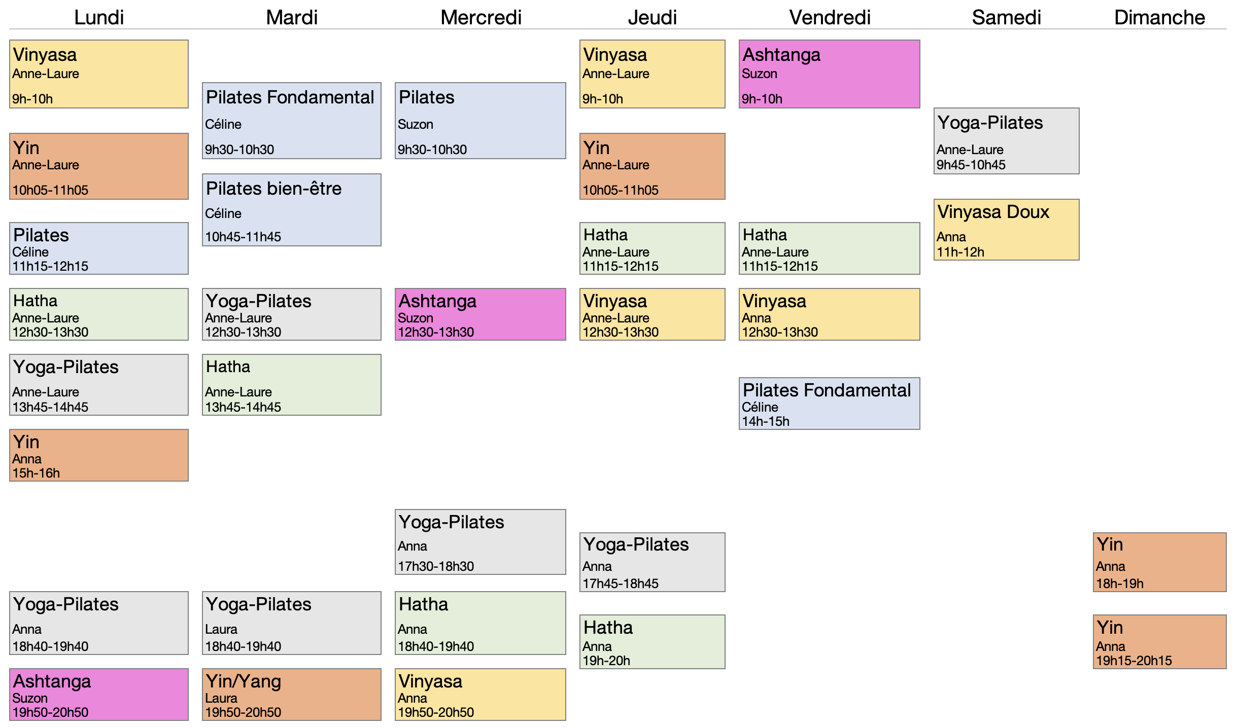 planning des cours de Yoga et Pilates