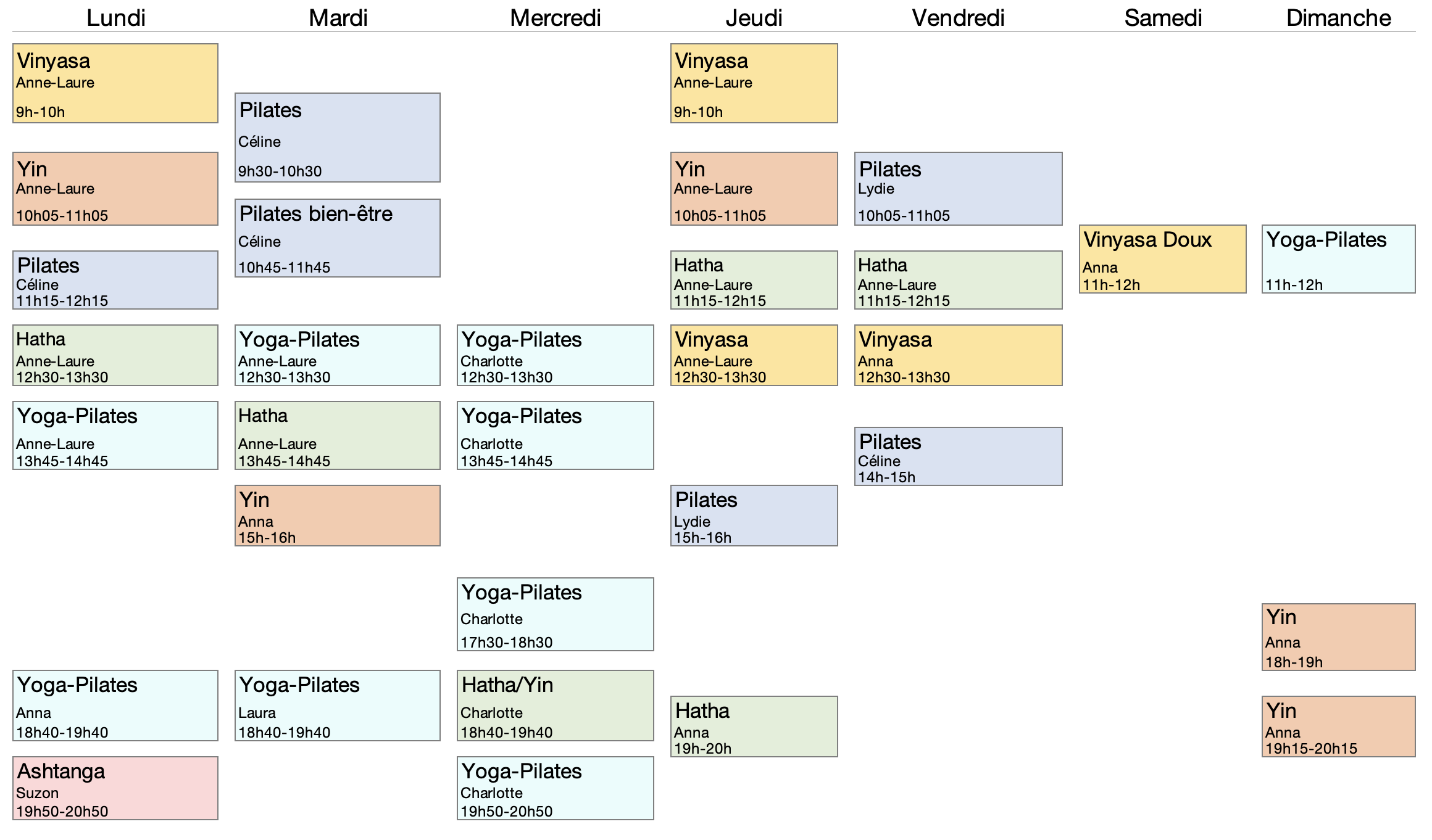 planning des cours de Yoga et Pilates.